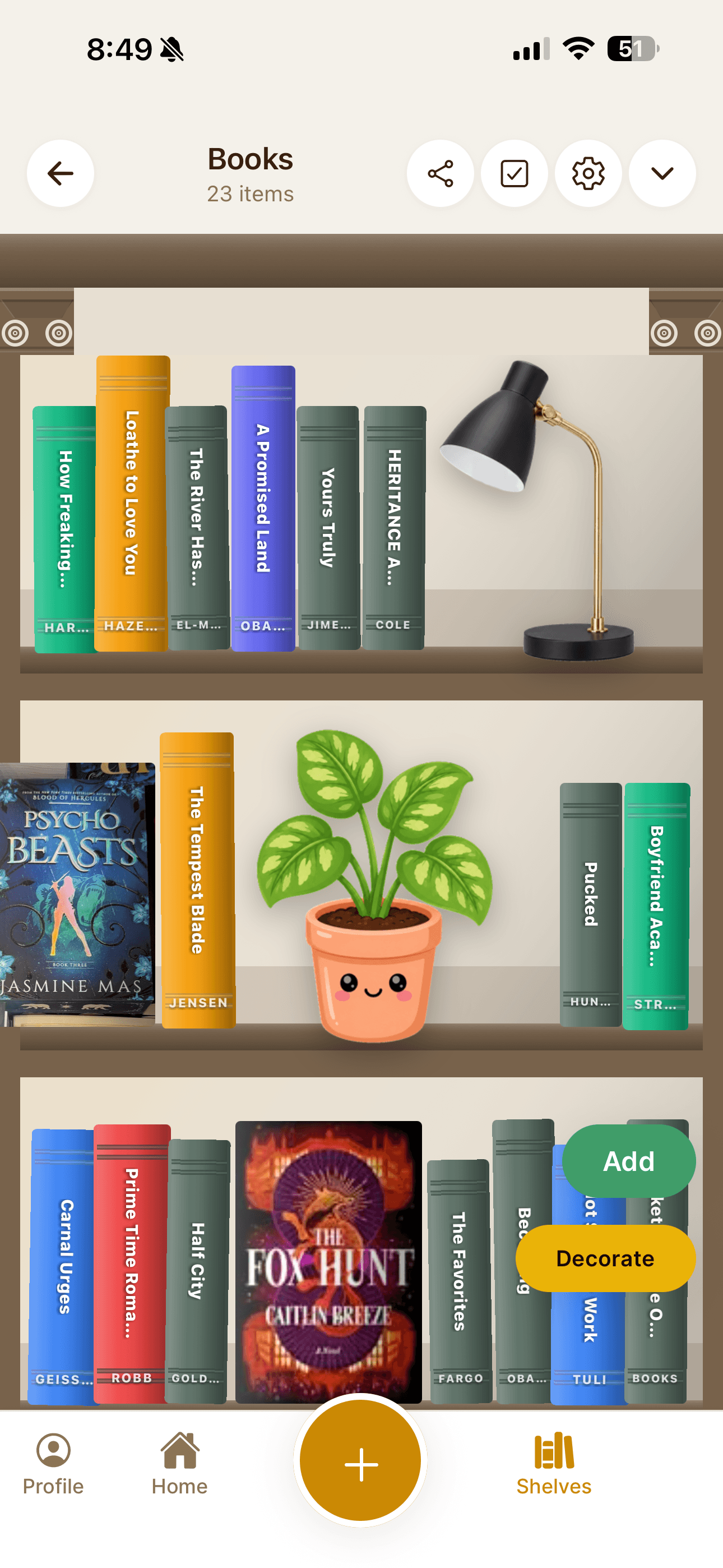 A customized ShelvesAI bookshelf with reordered spines, face-out covers, and decorative accents between the books